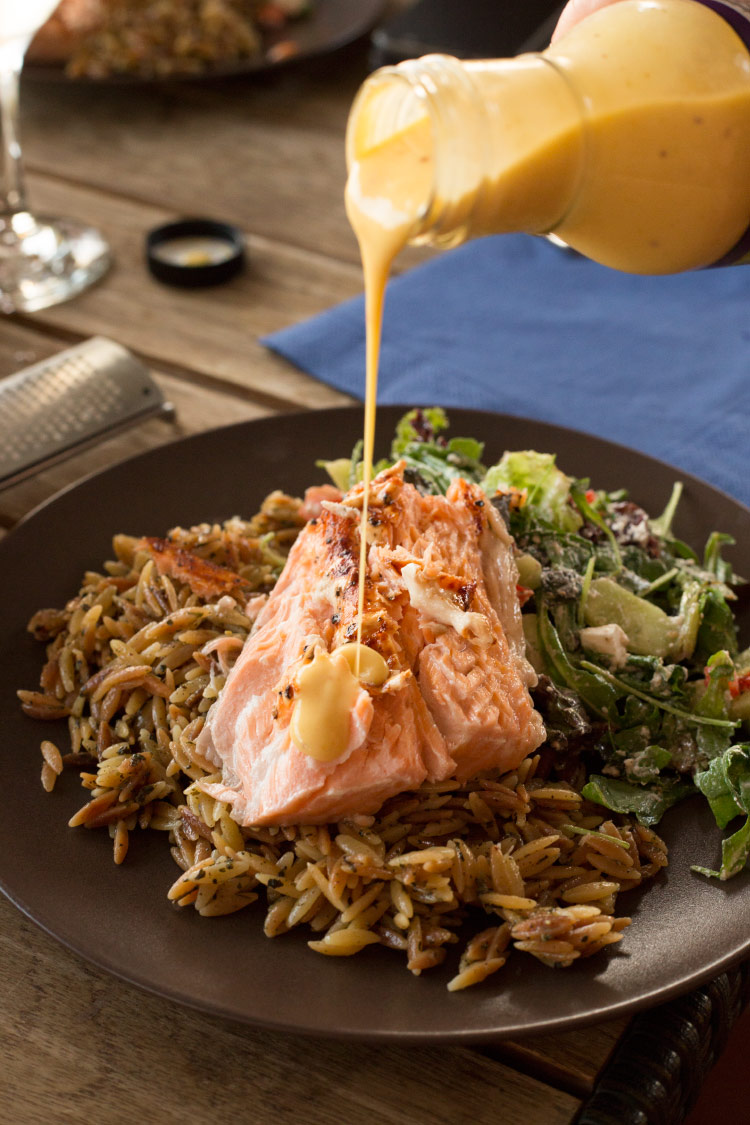 flamed salmon with parmesan orzo