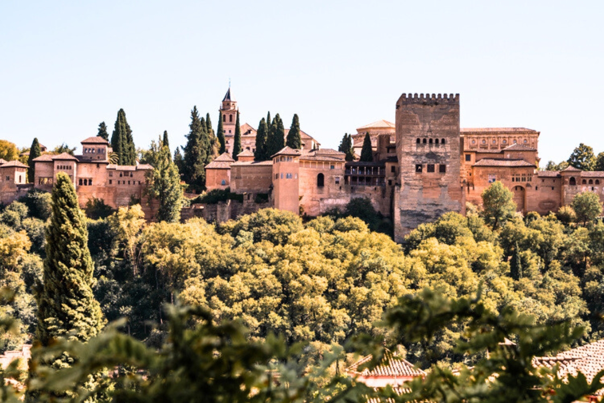 View of the outside facade of the Alhambra monument in Granada, Southern Spain.