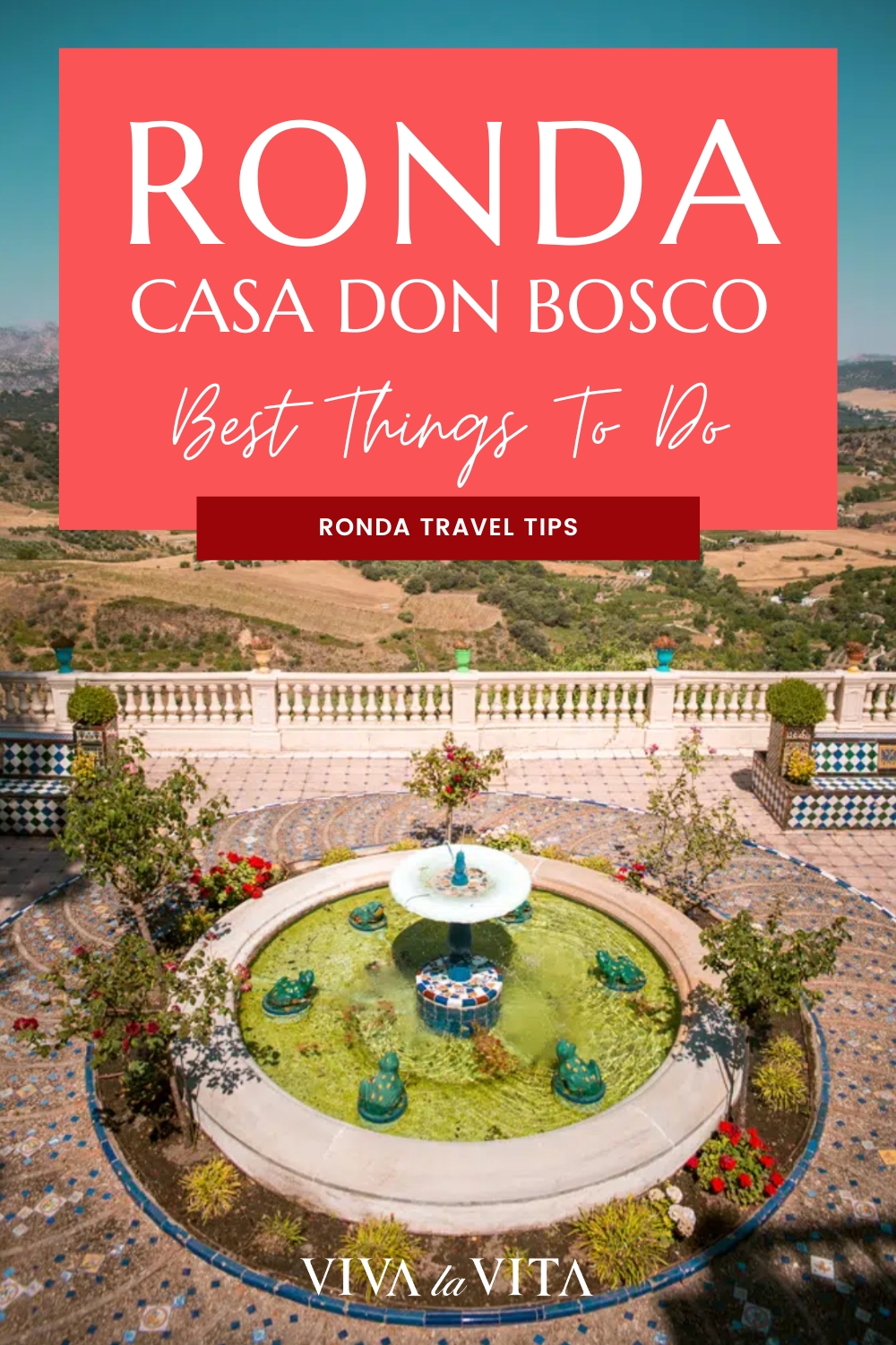 The gardens of Casa don Bosco in Ronda, Southern Spain with a headline: Ronda Casa don Bosco, best things to do, Ronda travel tips