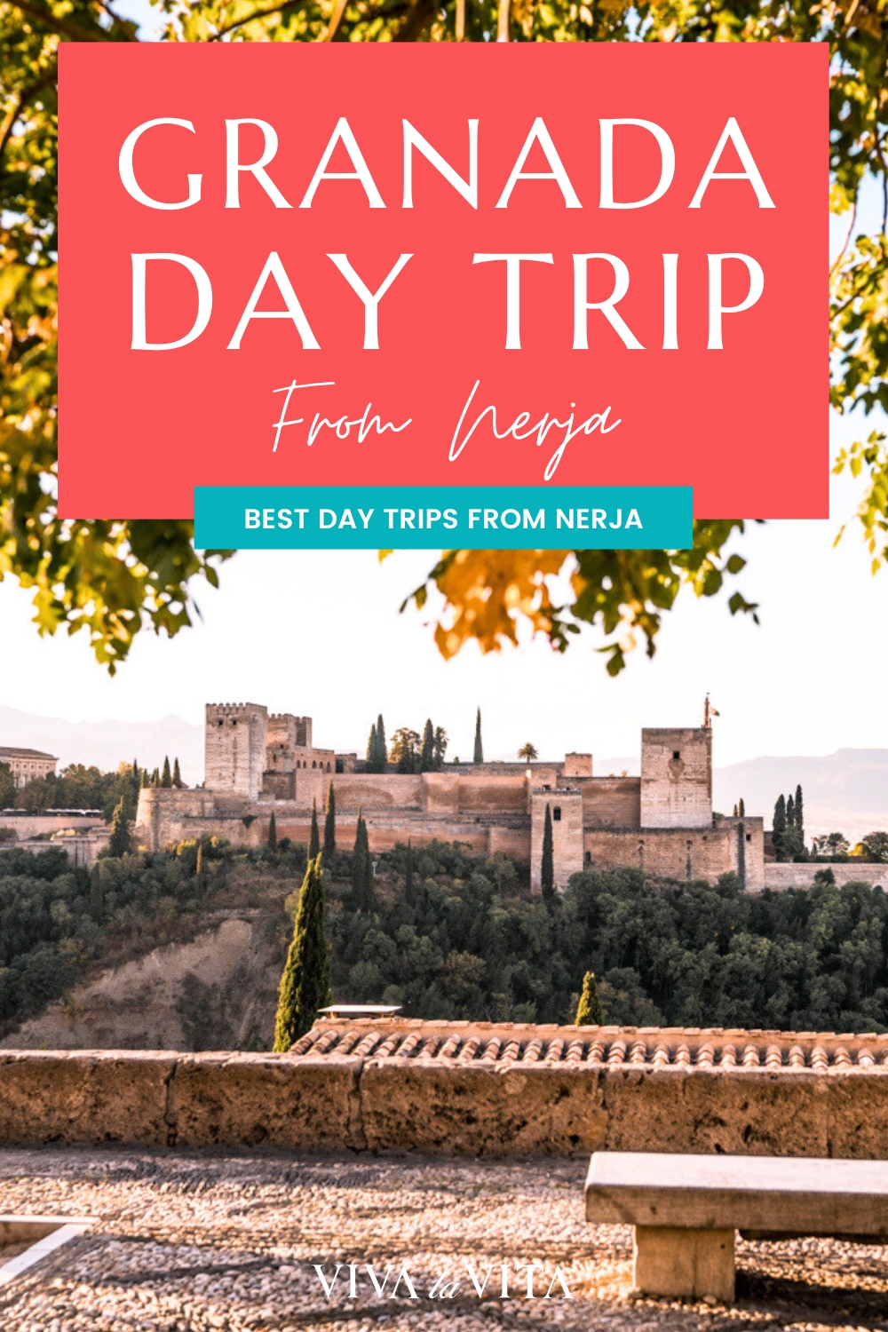 Pinterest image showing the Alhambra view from Mirador St Nicolas, with a headline - Granada day trip from Nerja, Best Day Trips from Nerja