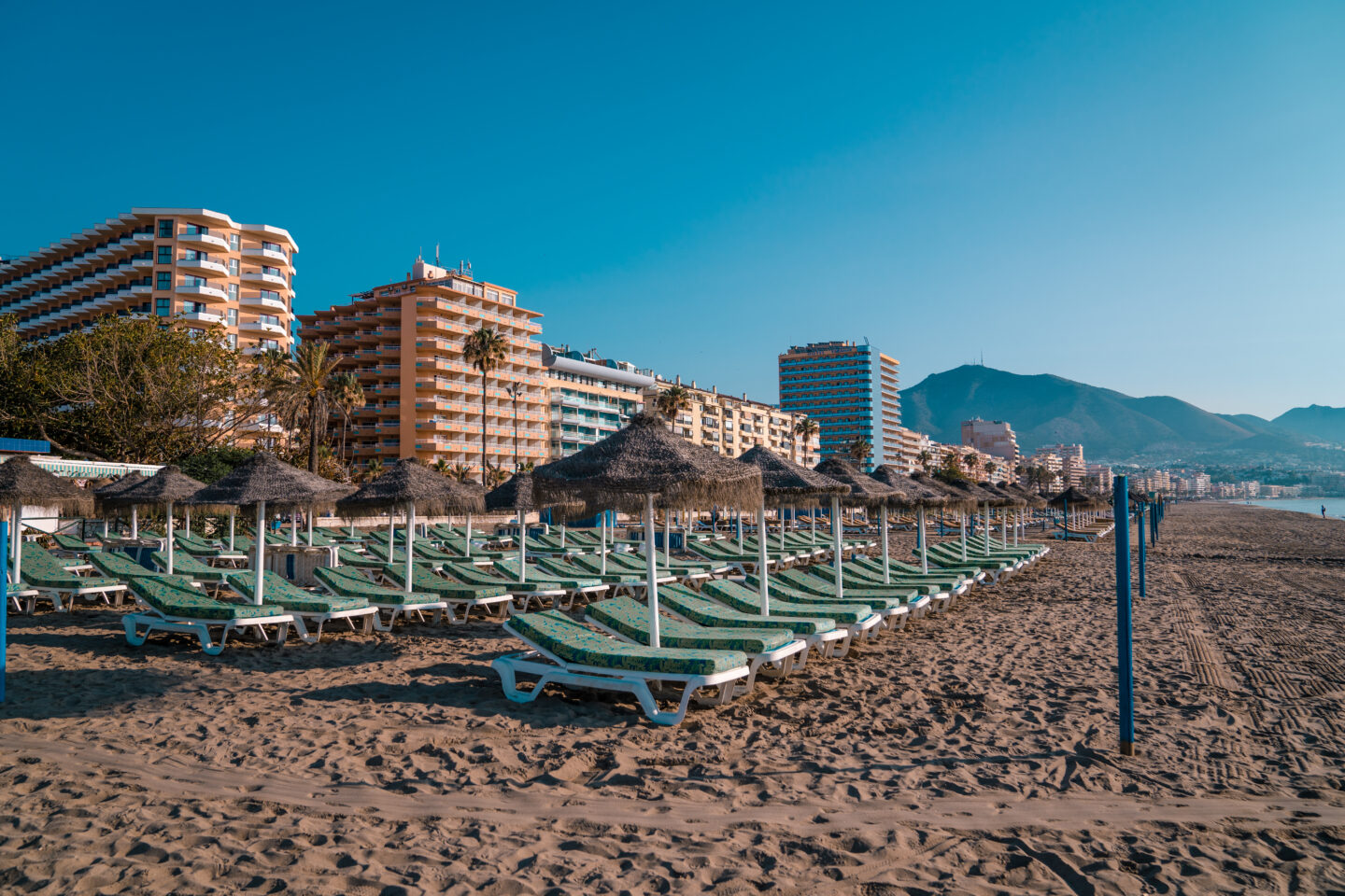 Sun chairs on a beach in Fuengirola, Costa delSol