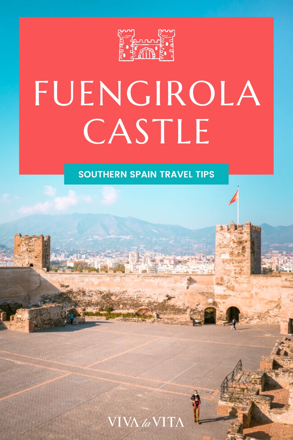 pinterest image showing fuengirola castle and a headline - fuengirola castle, southern spain travel tips