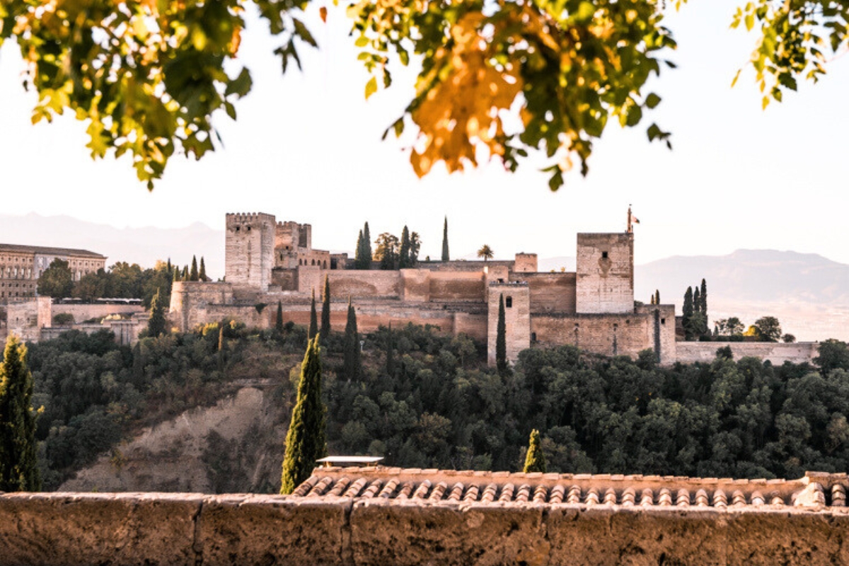 View of the Alhambra palace from Mirador St Nicolas in autumn.