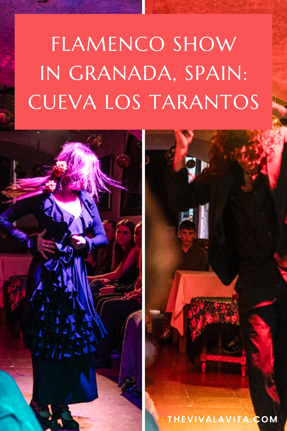 pinterest image showing two flamenco dancers in a cave in Granada, with the headline - flamenco show in granada spain, cueva los tarantos