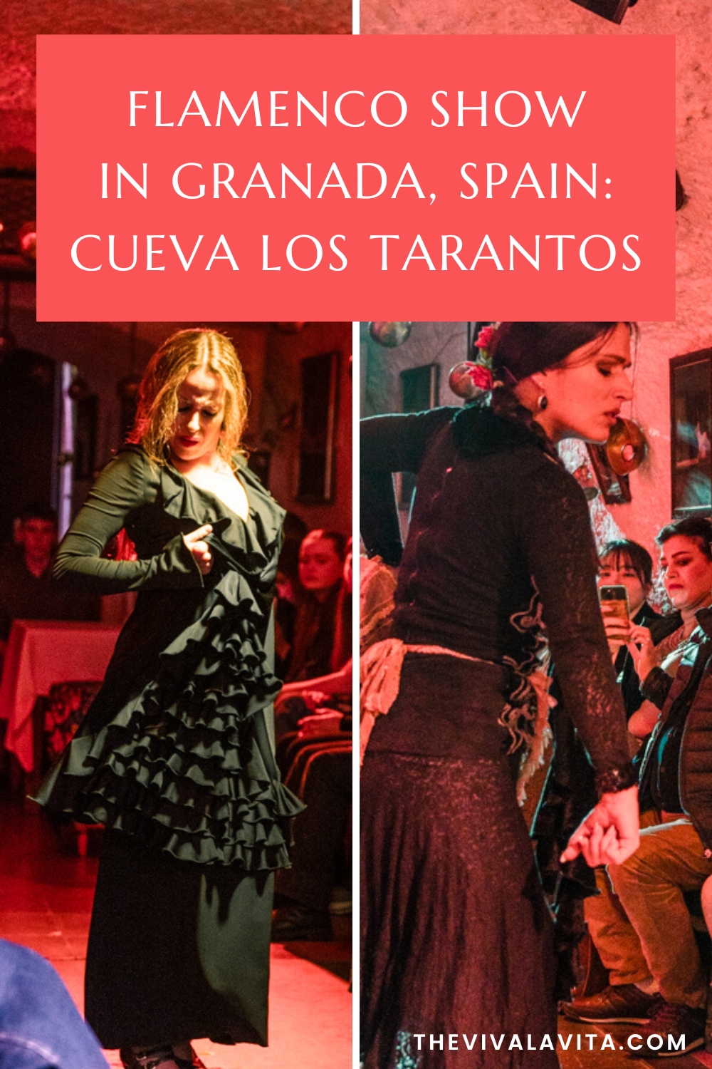 pinterest image showing two flamenco dancers in a cave in Granada, with the headline - flamenco show in granada spain, cueva los tarantos