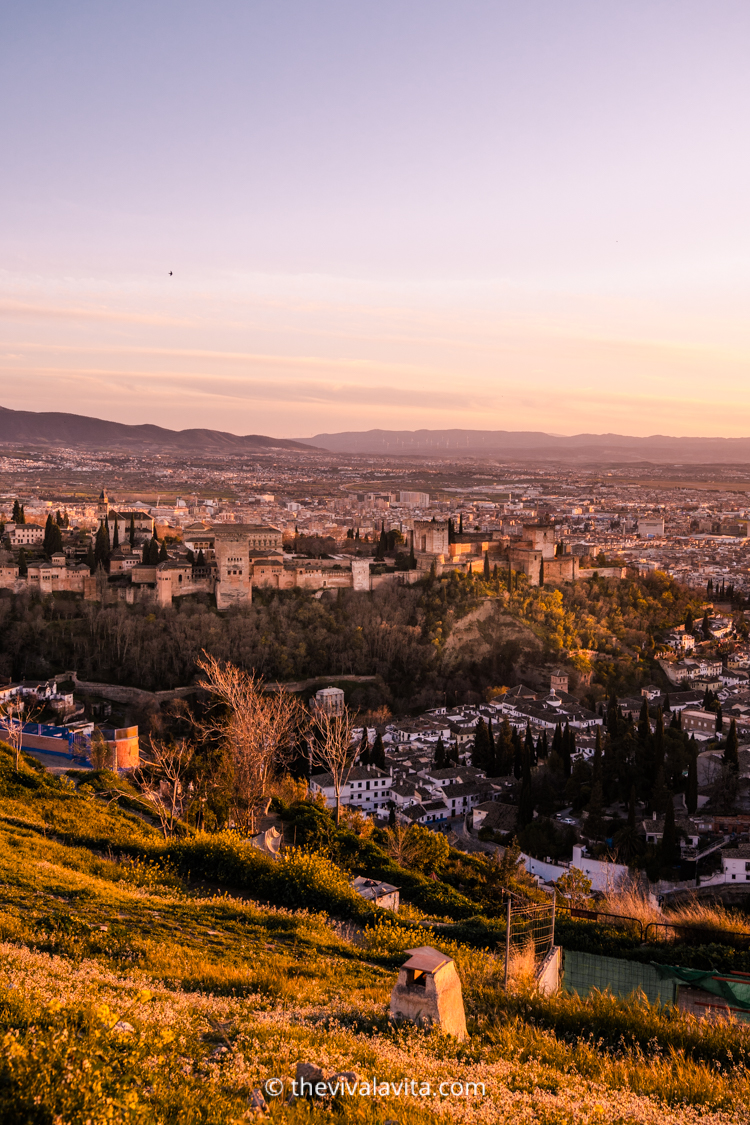 view of Alhambra at sunset, at Albaicin - granada