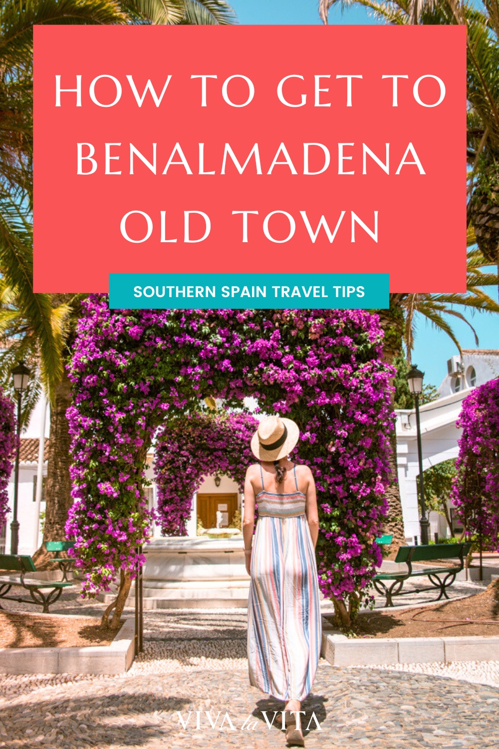 pinterest image showing a woman in benalmadena pueblo, with a headline: how to get to benalmadena old town, southern spain travel tips
