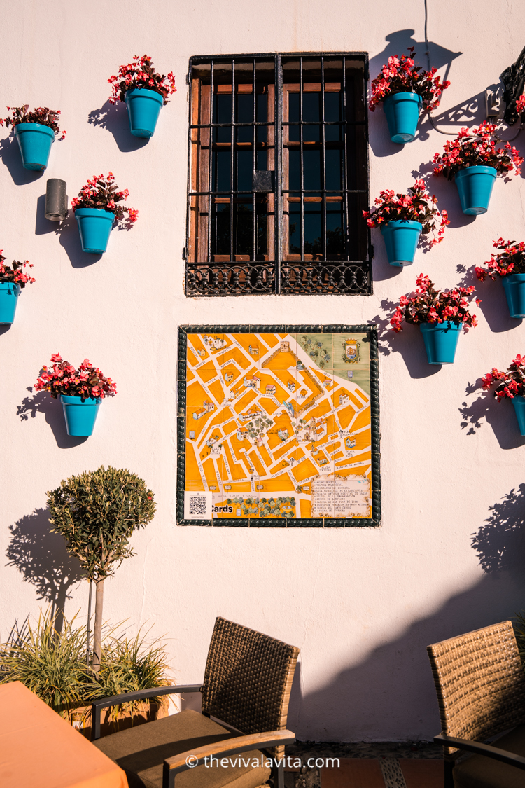 map of marbella old town on a wall with flowers