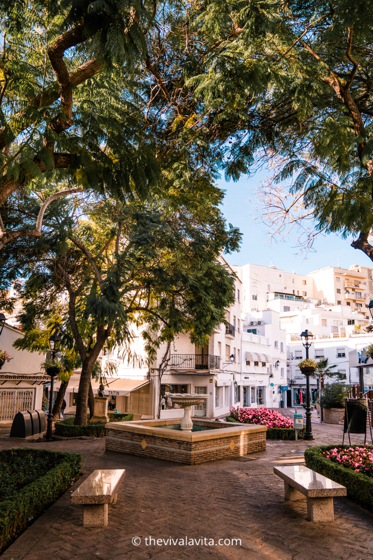 leafy square with fountain in marbella old town, Southern Spain