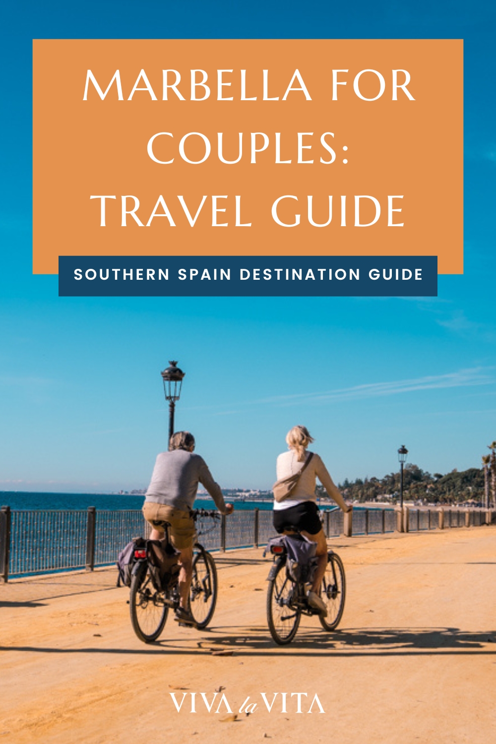 pinterest image showing a couple on the golden mile beach promenade riding a bike, in Marbella on costa del sol, Southern spain, with a headline - marbella for couples: travel guide