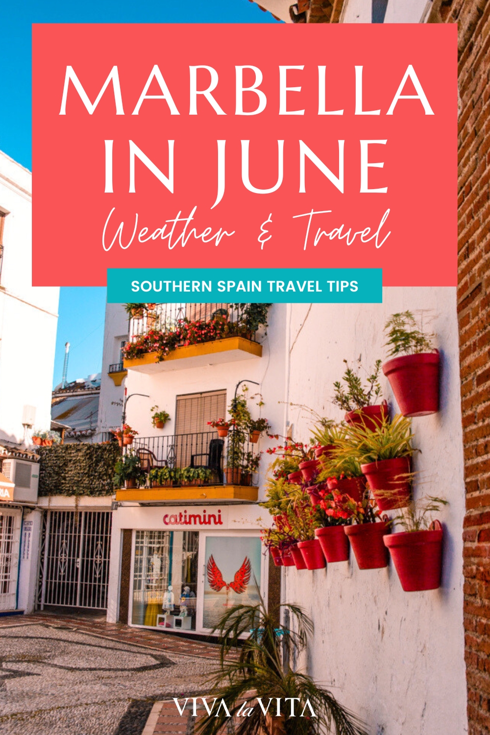 pinterest image showing the old town of marbella with a headline - marbella in june weather and travel, southern spain travel tips