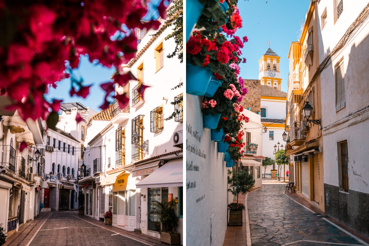 streets of marbella old town with blooming flowers and a church, in Southern Spain