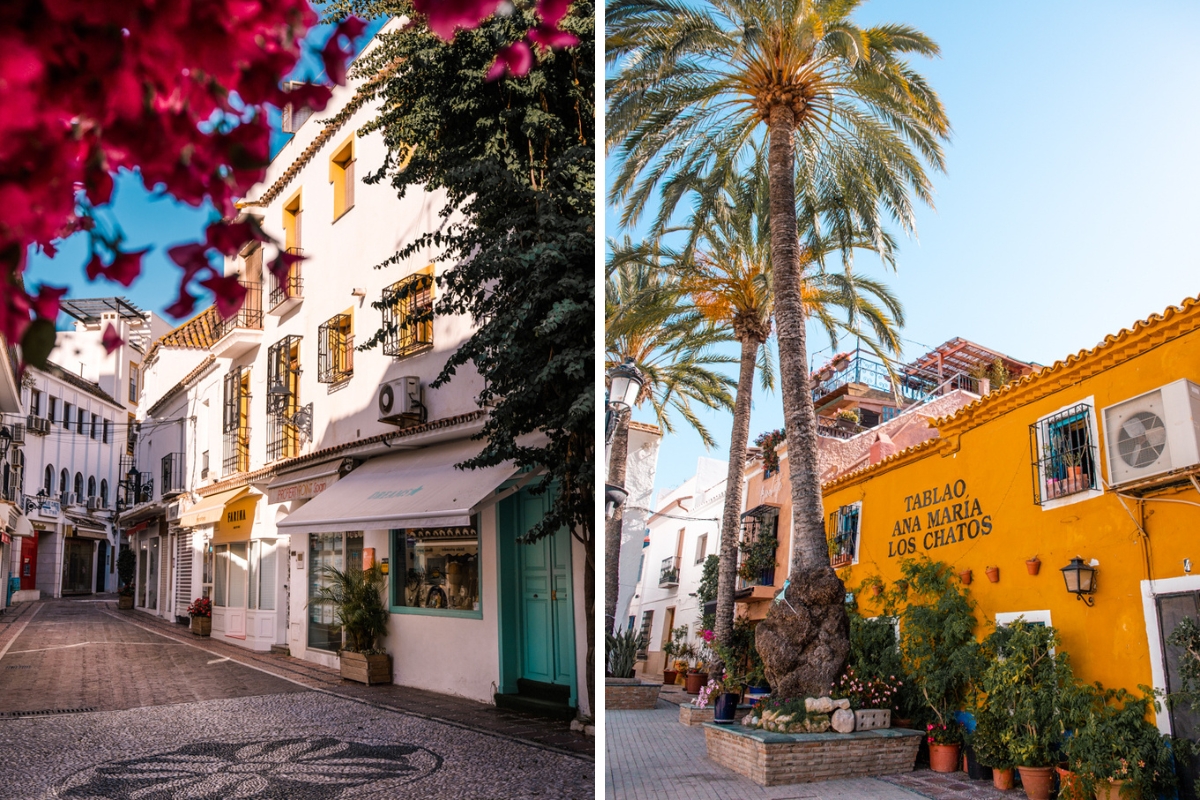 streets of marbella old town with palm trees and flowers, Southern Spain