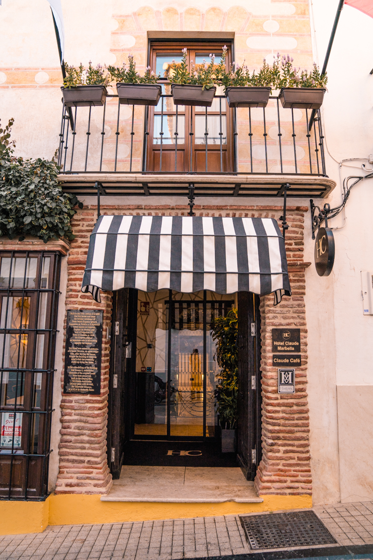 Entrance to a small hotel in Marbella old town, Costa del Sol in Southern Spain.