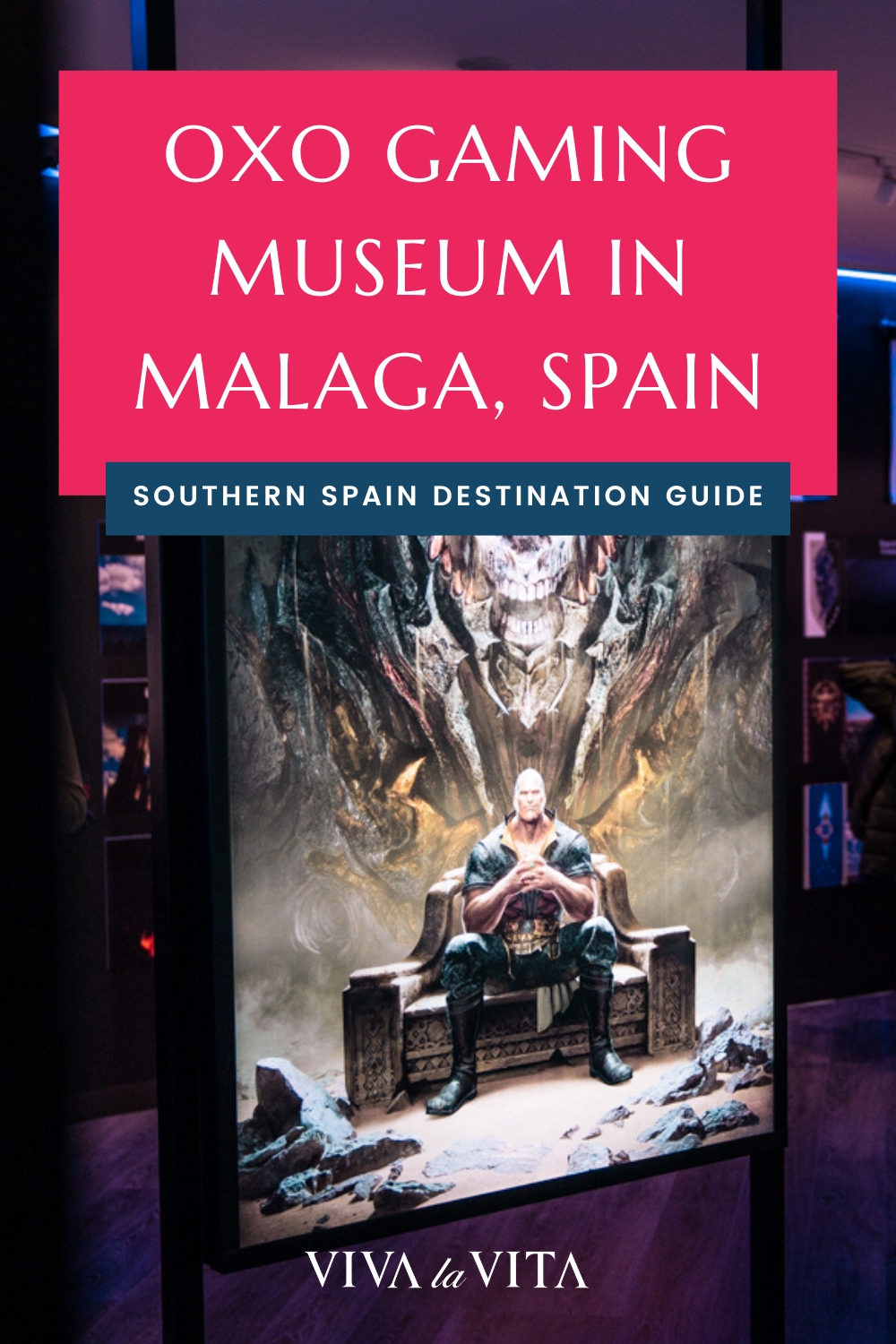 pinterest image showing the interiors and games on display in the oxo museum in malaga, southern spain with a headline - oxo gaming museum in Malaga, Spain