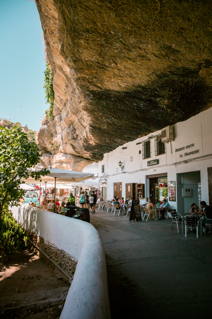 Restaurants under a huge rock in teh village of Setenil de las bodegas, in Southern Spain.