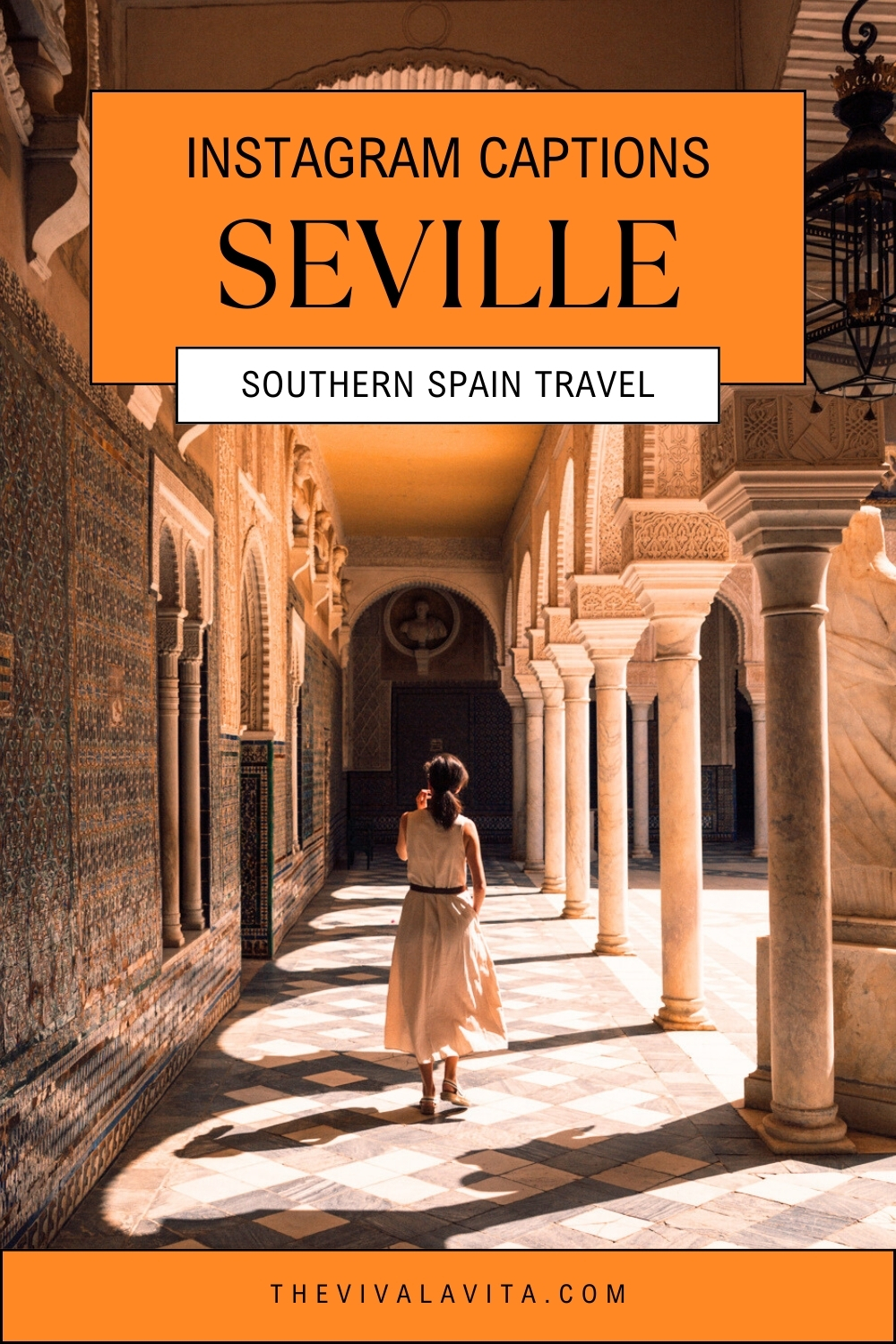 pinterest image capturing casa de los pilatos in Seville, Southern spain with a headline: instagram captions Seville, Southern Spain Travel