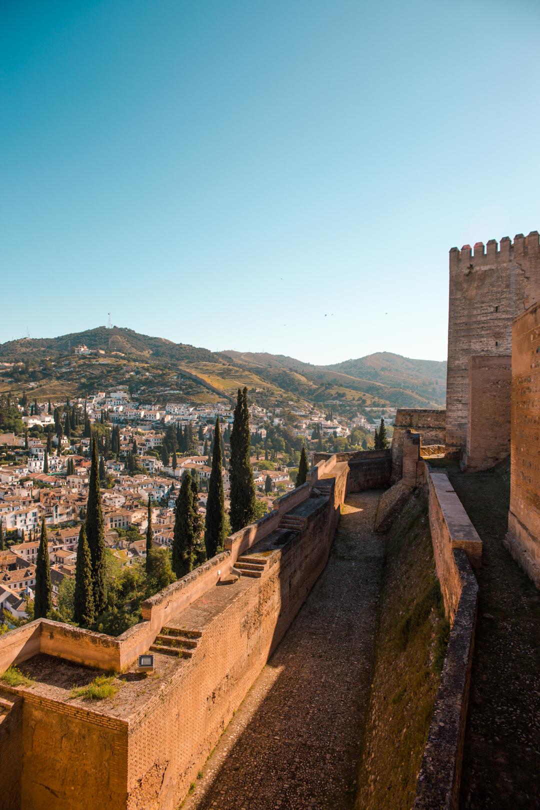 Views of the entrance of Alcazaba and Albaicin from one of the towers of the Alcazaba in Alhambra, Granada.