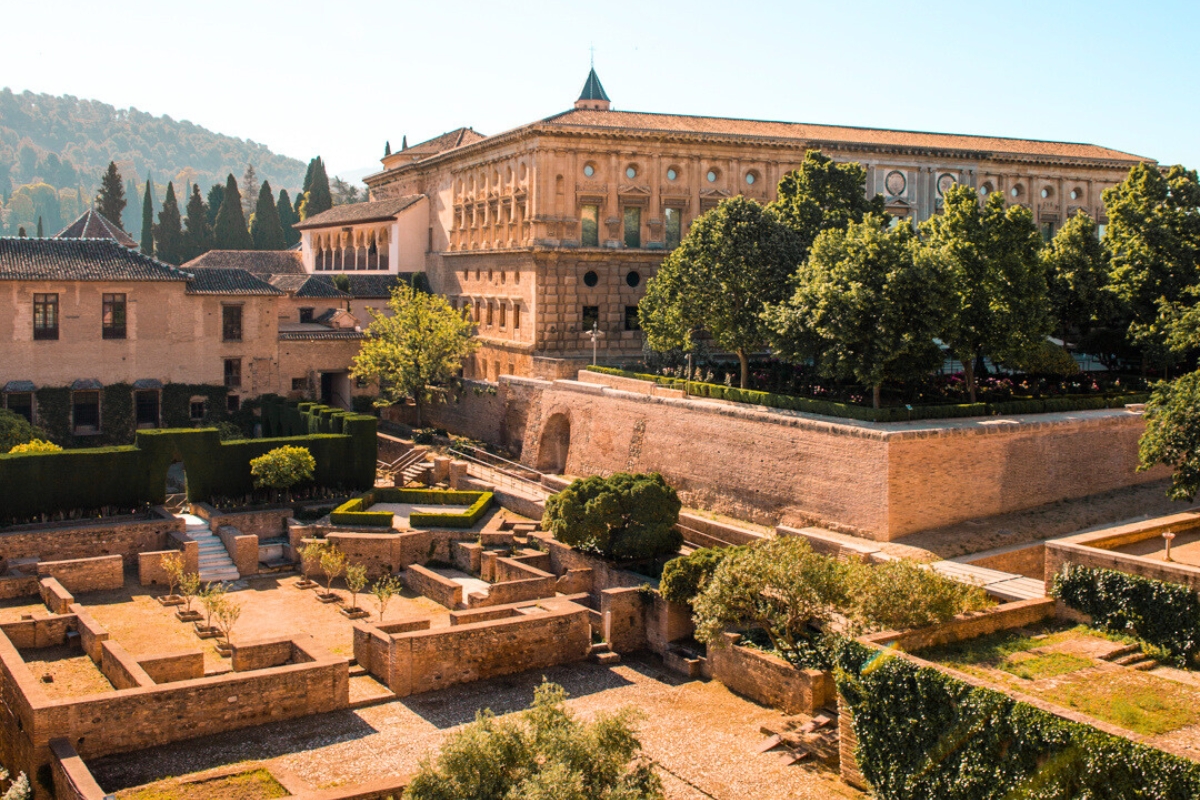 View of the courtyard between the Charles V Palace and Alcazaba, in Alhambra Granada, Spain.