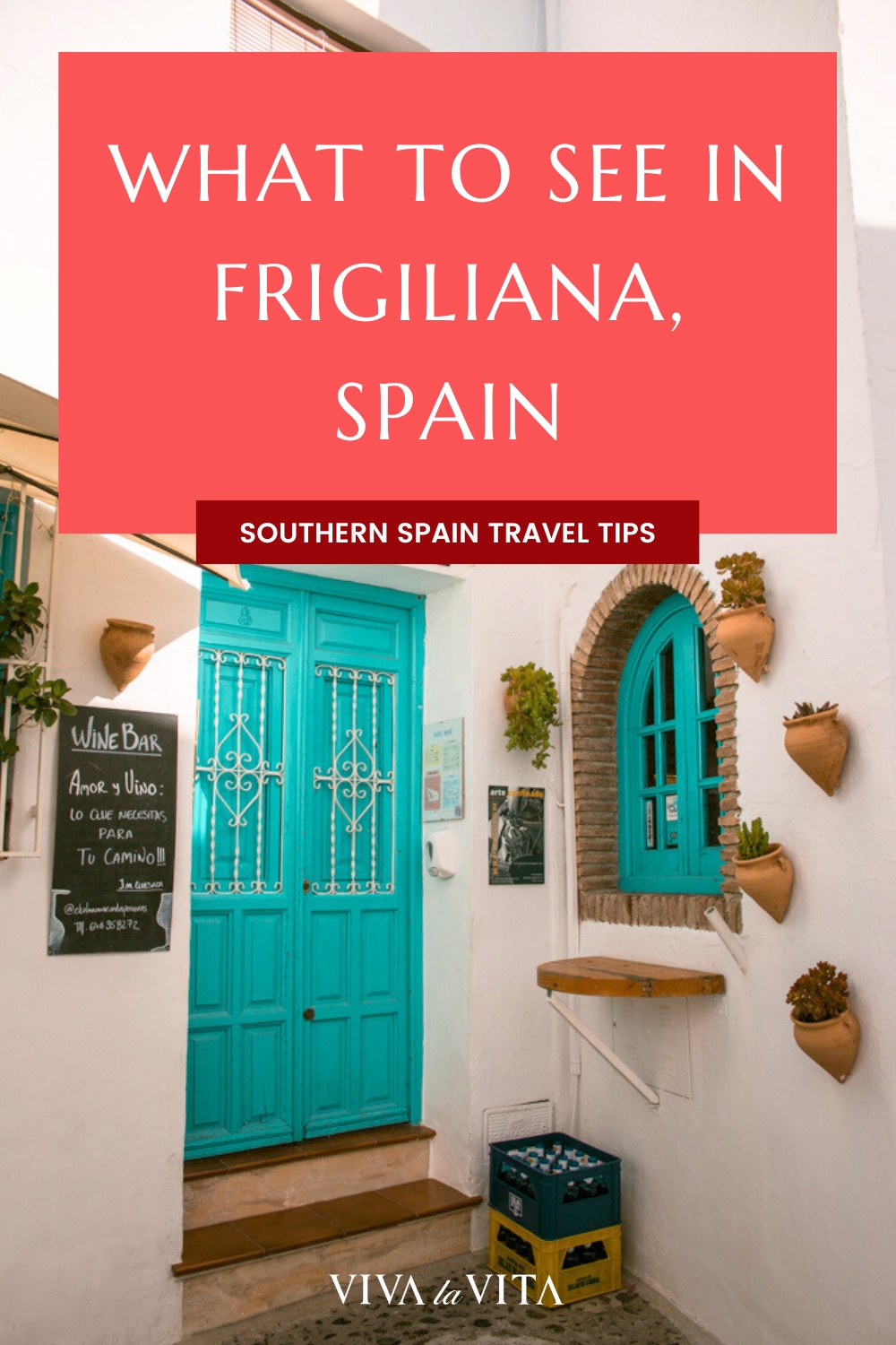 pinterest image showing the village of frigiliana in spain, with a headline - what to see in frigiliana spain, southern spain travel tips