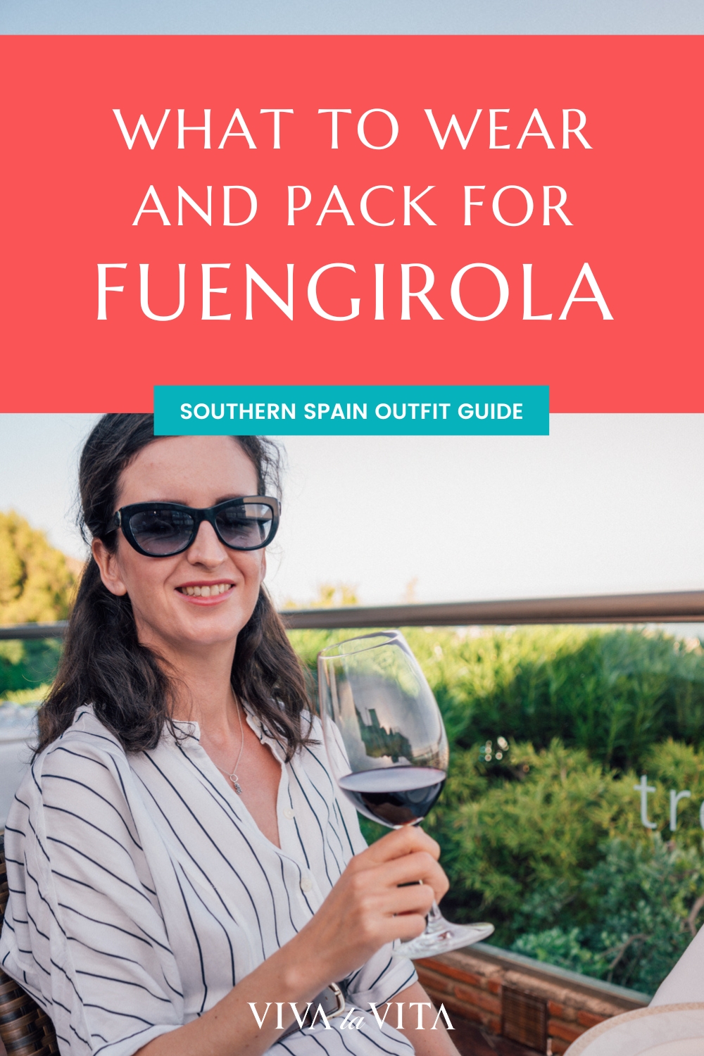pinterest image showing a woman dining outdoors in Fuengirola, with a headline - what to wear and pack for Fuengirola, southern spain outfit guide